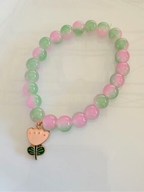 Pink and Green Beaded Flower Charm Bracelet Jewelry